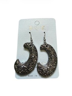 Silver Pavé Rhinestone Crescent Hoop Dangle Earrings